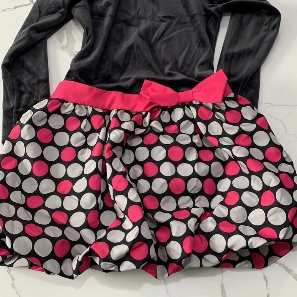 OshKosh B’Gosh | Girls Black Velour Pink Polka Dot Mini Puff Skirt Dress Size 6